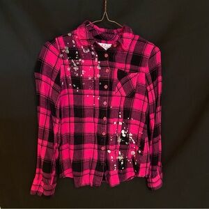 Unique Pink Plaid Kids Shirt Size 16 with Silver Splattered